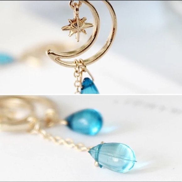 3/$30 GOLD MOON STARS BLUE WATER DROPS EARRINGS - Picture 7 of 8